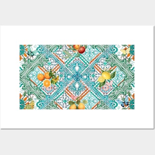 Mediterranean teal tiles, Italian citrus fruit, oranges and lemons Posters and Art